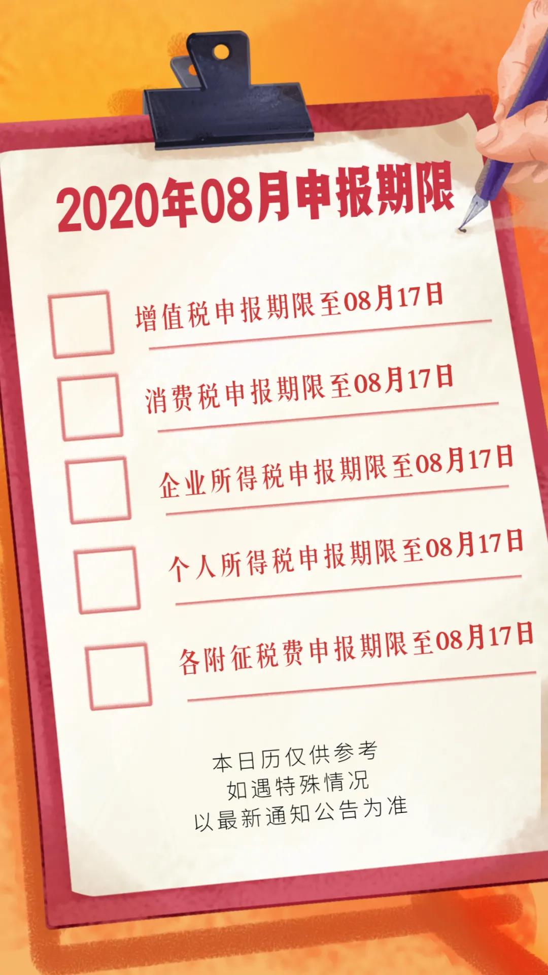 2020年8月份征期順延！！